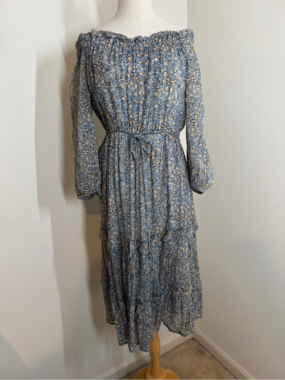 Anthropologie Kira Off-the-Shoulder-SZ 6-Blue Shimmer Peasant Dress Stretchy$198 - Picture 4 of 14